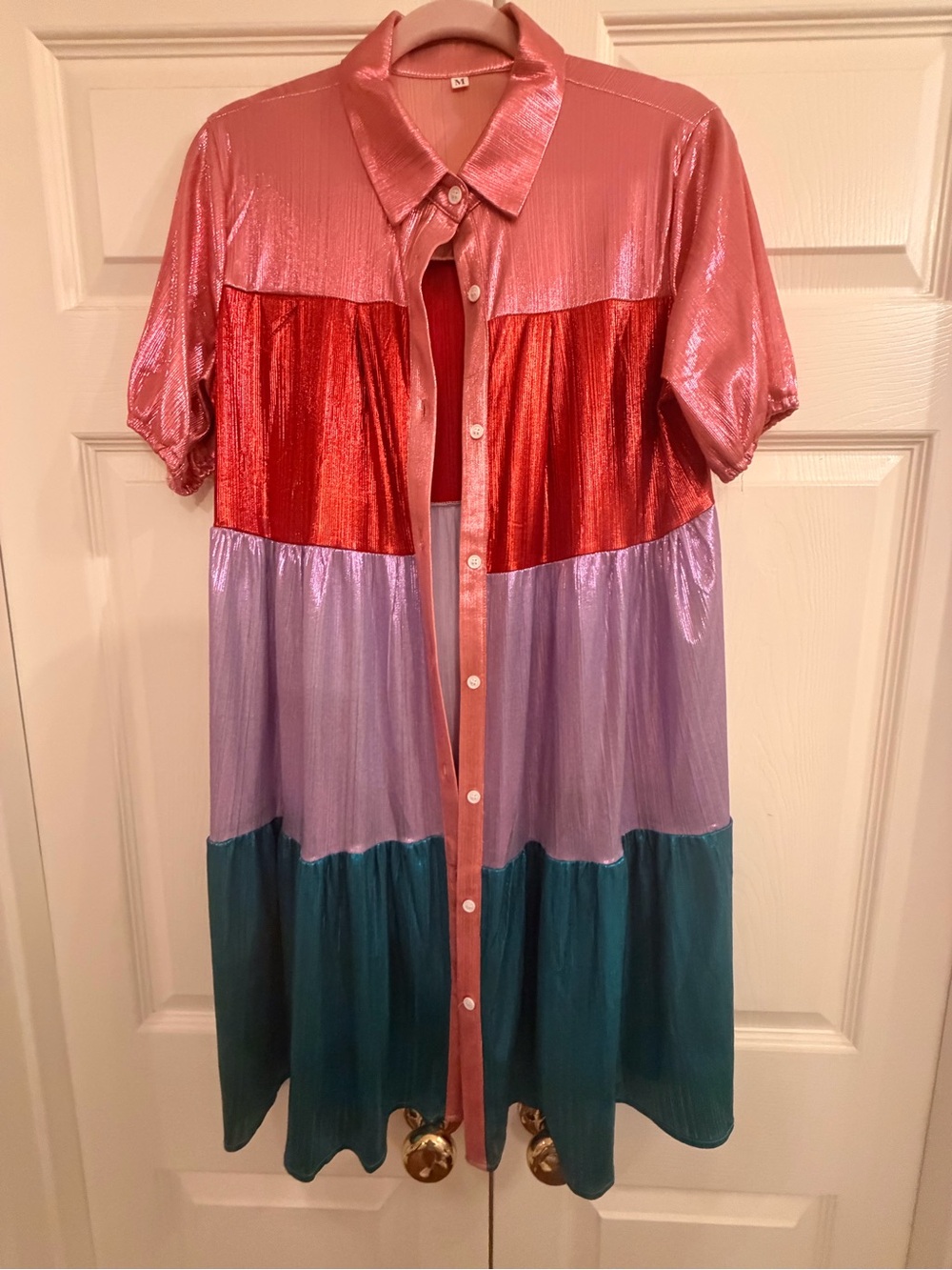 Colorblock Shimmer Button-Up Dress in Pink, Red, Lavender, Teal